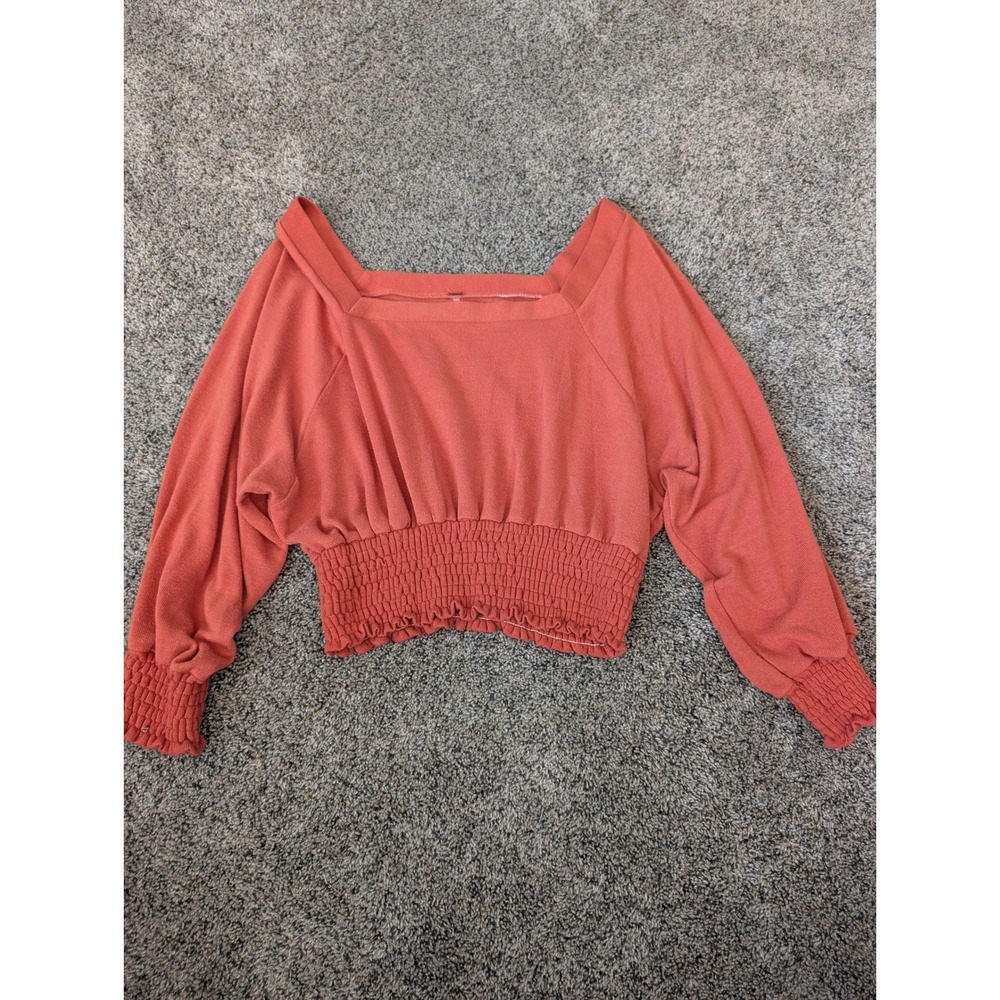 Free People Terracotta Orange Smocked Hem Square Neck Cropped Knit Top Medium